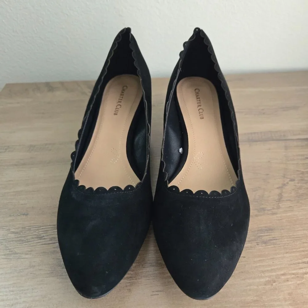 Charter Club Wandaa Suede Leather Scalloped Almond Toe Wedge Heels Black Size 9 - Picture 6 of 12